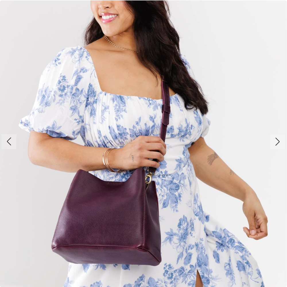 Portland Leather plum Burgundy butterfly bucket bag W Cross Body Strap